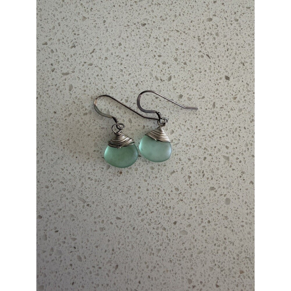 925 Sterling Silver Aqua Green Sea Glass Dangle Drop Earrings Handmade Boho a